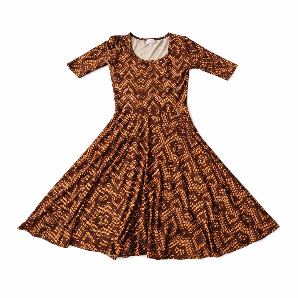 LuLaRoe Nicole Dress Small Brown Gold Boho Geometric Midi Swing